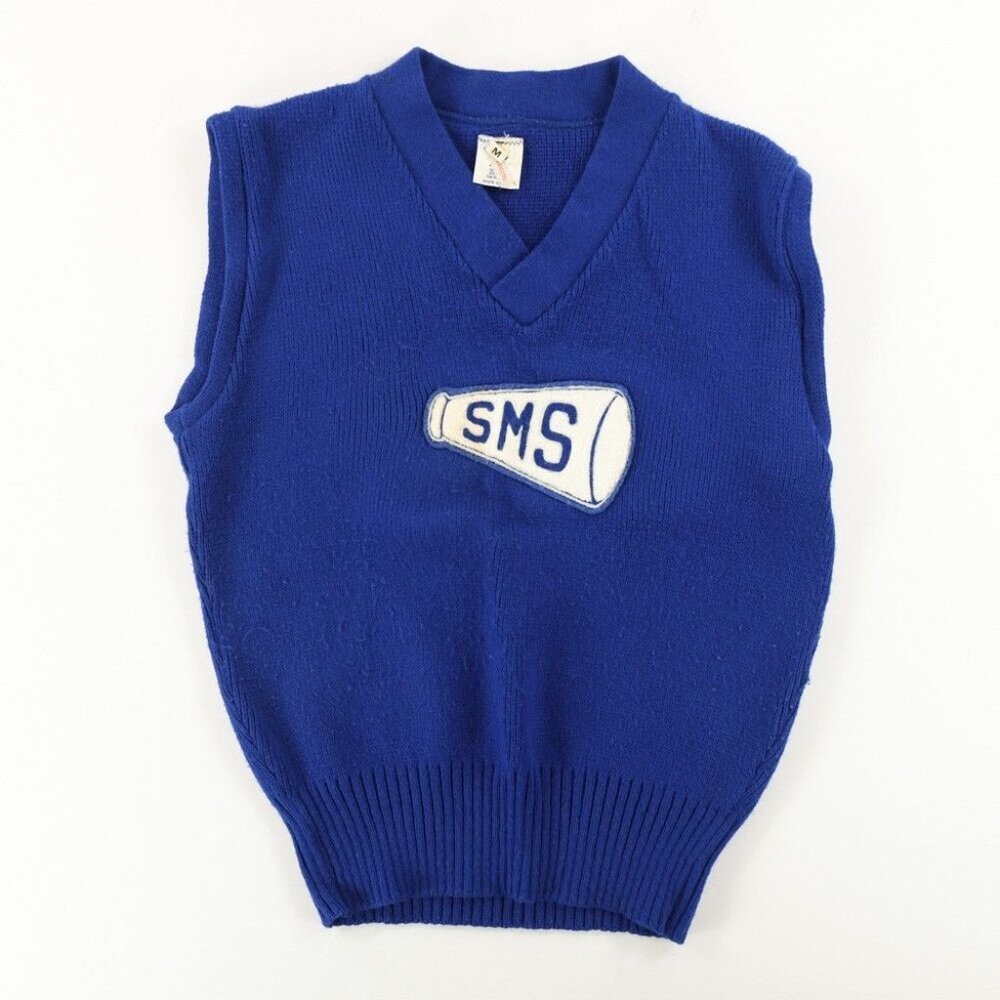 Vtg 70s School Spirit Cheerleading Wool Knit Vest Blue Womens Sz M USA SMS